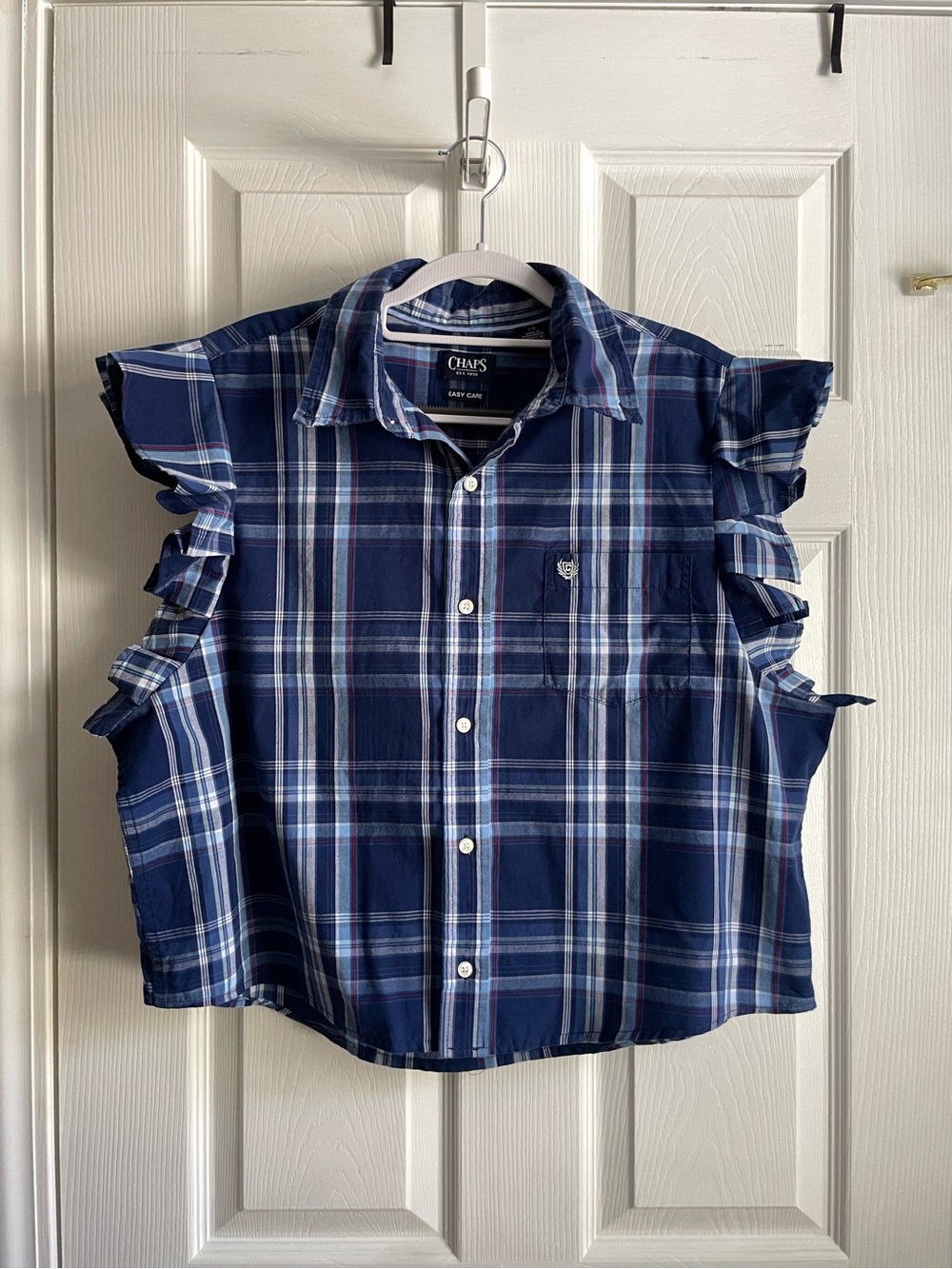 Navy Plaid Ruffle Sleeve Button Crop Shirt, Size L